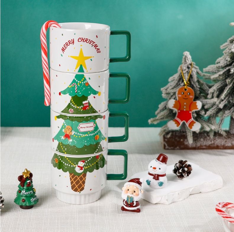 Custom Pattern 4Pack Stackable Microwave Dishwasher Safe Christmas Gift Stacking 300ml Ceramic Mug with Square Handle for Family