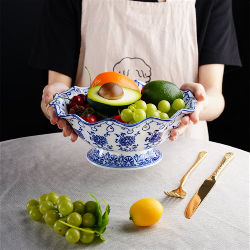 Retro Blue Floral Wave Rim Porcelain Dessert Salad Serving Plate Home Desktop Decor Ceramic Fruit Bowl for Living Room