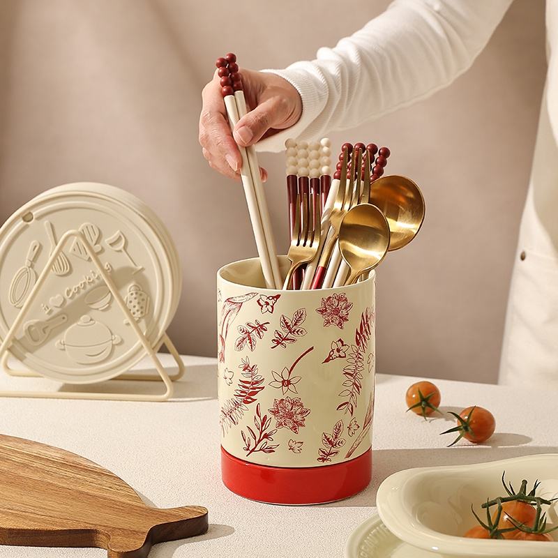 Utensil Holder 360° Rotating Cooking for Kitchen Utensil Crock for Farmhouse Decor Ceramic Utensil Caddy With Drainage Hole