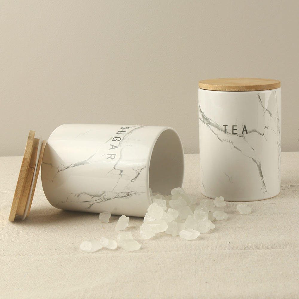  Gray Marble Decal Custom Design Ceramic Coffee Tea Sugar Canister Jar with Bamboo Lid and Silicone Ring Set