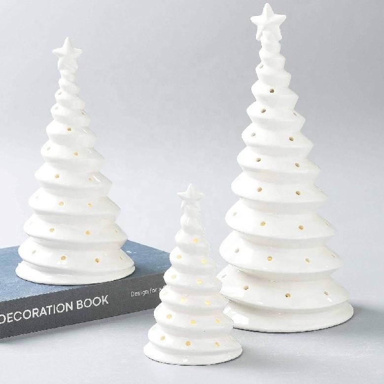Christmas Handmade Eco-friendly Artificial Ceramic Christmas Tree Home Decor Porcelain X-mas Tree Outdoor LED Ornaments Crafts