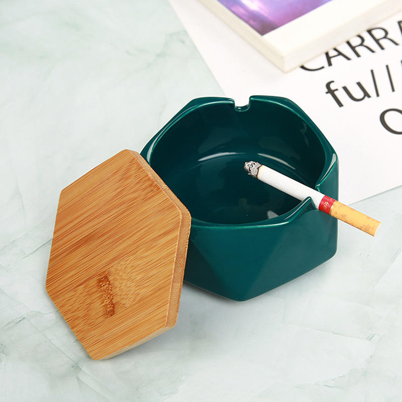 Custom Logo Fashion Home Hotel Table Reusable Polygonal Cigar Cigarette Ceramic Ashtray With Bamboo Lid