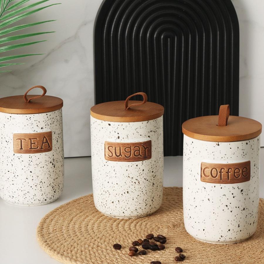 Handmade Ceramic Storage Jar Set with Wooden Lid Multi-Purpose Decorative Canister for Spices and Cookies