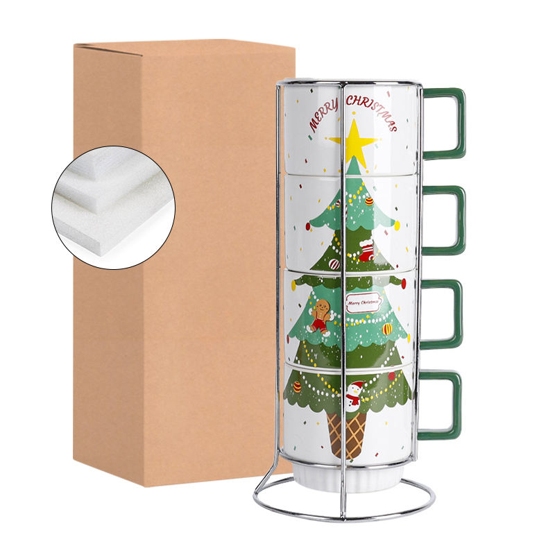 Custom Pattern 4Pack Stackable Microwave Dishwasher Safe Christmas Gift Stacking 300ml Ceramic Mug with Square Handle for Family