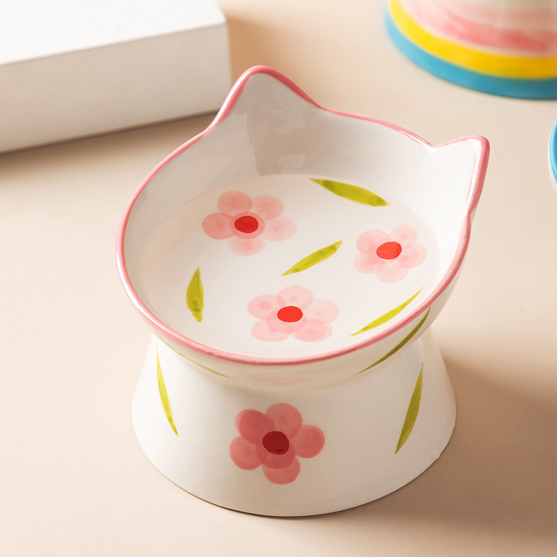 2025 Ceramic Stand High Diagonal Rainbow Cat Dog Food Water Bowl with Anti-Rollover Neck Protection Anti Slip Pet Bowls Feeders