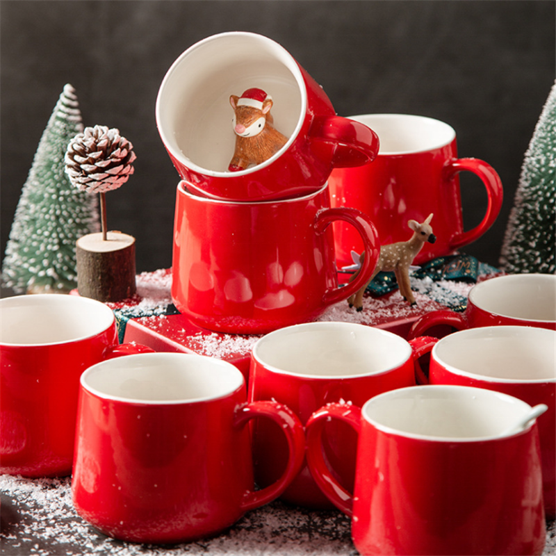 Christmas Cup Red Kids Animals Best Gifts Ceramic 3D Animal Head Cup Custom Ceramic Coffee Tea Mug Tea Cups&saucers Mug Set