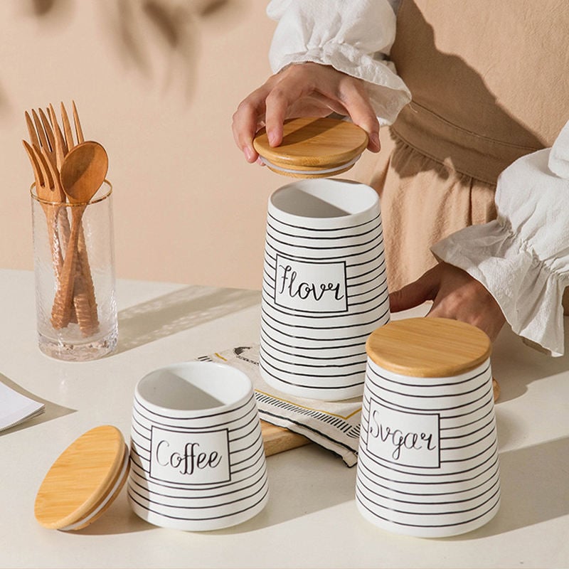 Black White Ceramic Food Storage Jars With Bamboo Lids Canister Jar Ceramic Storage Pots Jars Potting Pots