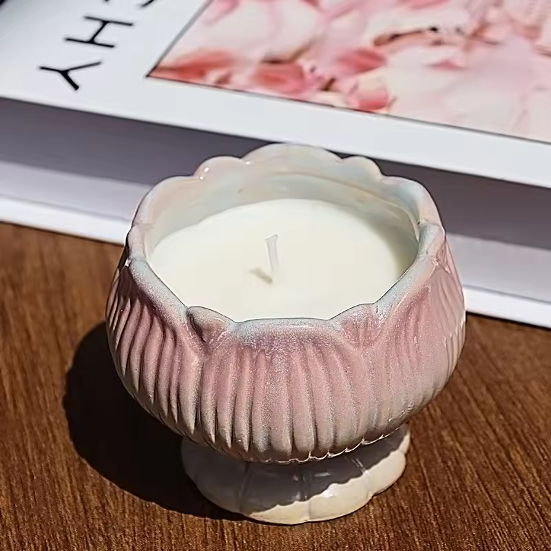 Design Unico Personalizzato Creativo a Forma di Loto Barattolo per Candele in Ceramica Contenitore per Candele Decorazione per la Casa Candela Profumata con Cera di Soia