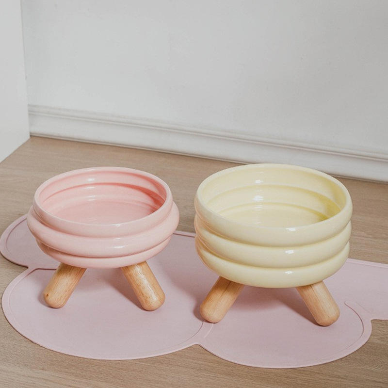  Ceramic Dog Cat Bowl Food Water Raised Bowl Elevated Wood Bamboo Ceramic Cat Bowl With Wooden Stand