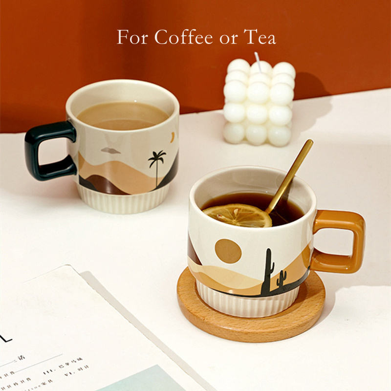 Modern 11oz Tea Water Cup Nordic Design Printed Decorative Ceramic Coffee Mug with Spoon