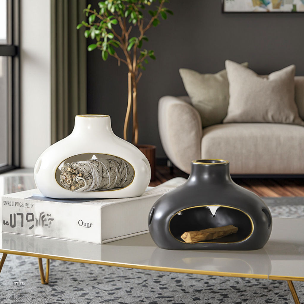 New Sacred Wood Sage Aromatherapy Burner Ceramic Base with Sandalwood & Palo Santo Wax Plug Incense & Incense Holders