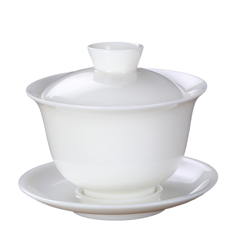 Dehua White Porcelain Sancai Covered Bowl Tea Cup Large Kung Fu Tea Set White Ceramic Tea Set High Grade