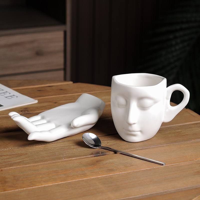 Gift Strange Mug Silver Nordic Style Ceramic Human Hand Face Design Coffee Cups Saucer