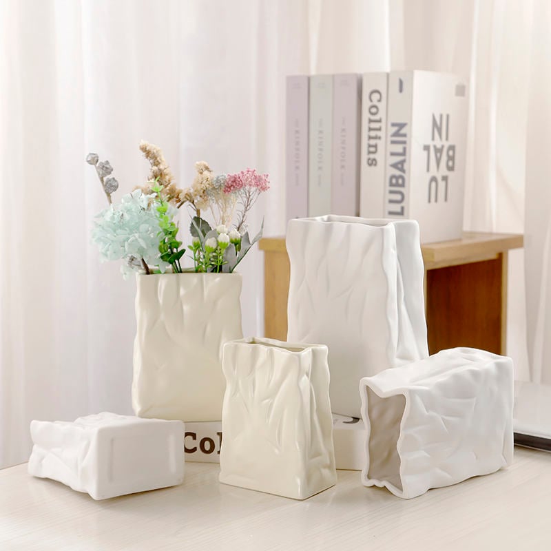 Factory Wrinkled Paper Bag Vase Ceramic Flower Pot for Home Garden Tabletop White Vases for Decor