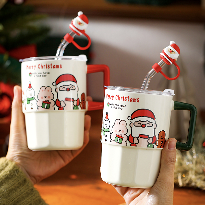 Christmas Gift Mug with Lid Straw Ceramic Mug High-value Practical Birthday Gift Christmas Ambience Gift