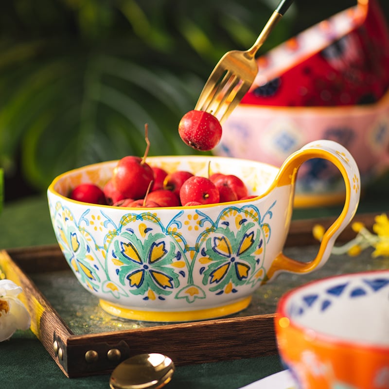 Fabriek Aangepaste Blompatroon Tuis Keukentafelbeskuit Porselein Salade Vrugte Soep Bowls Keramieke Bol met Hantering