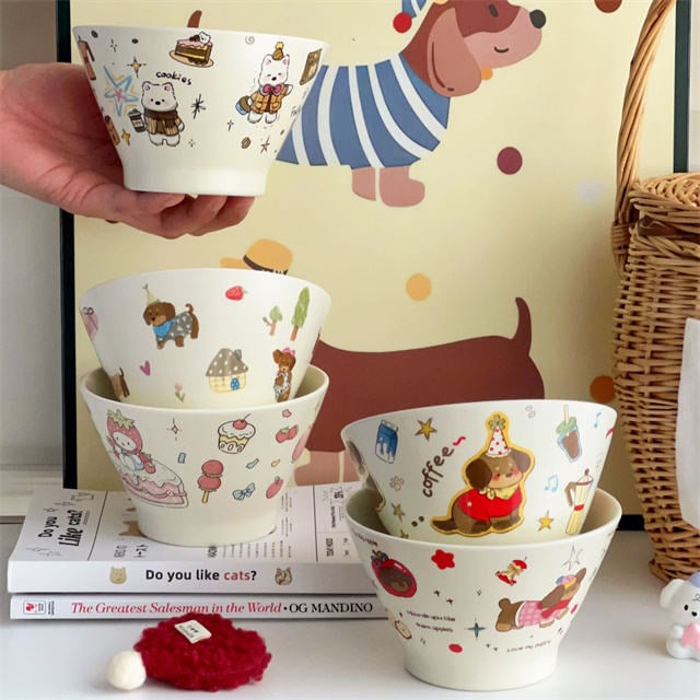 Hand-Painted Ceramic Cereal Bowl Cartoon Ceramic Rice Bowls Small Ceramic Soup Bowl for Pasta Salad Fruit Vegetables