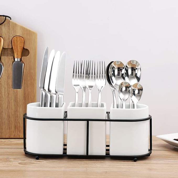 Ceramic Flatware Holder Caddy with Metal Rack Utensil Holder Caddy for Spoons Knives and Forks Cutlery Organizer