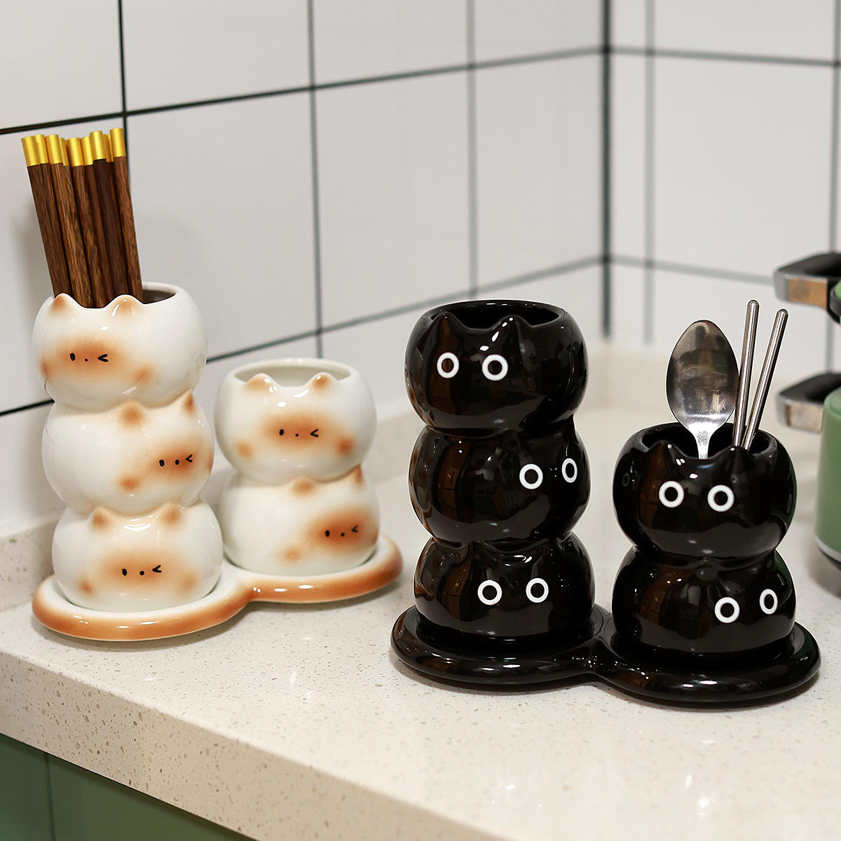 Nordic Custom Cute cat Porcelain Utensils Holders Storage Chopsticks Cutlery Ceramic Utensil Holder for Countertop