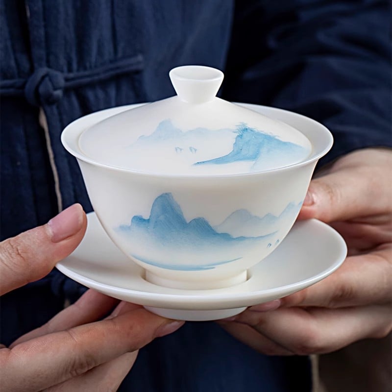 2025 New White Porcelain Covered Bowl Handmade Dehua Porcelain Hand-painted Kung Fu Tea Set Gift Home Single Tea Bowl