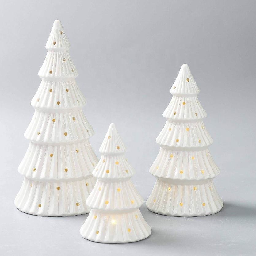 Christmas Handmade Eco-friendly Artificial Ceramic Christmas Tree Home Decor Porcelain X-mas Tree Outdoor LED Ornaments Crafts