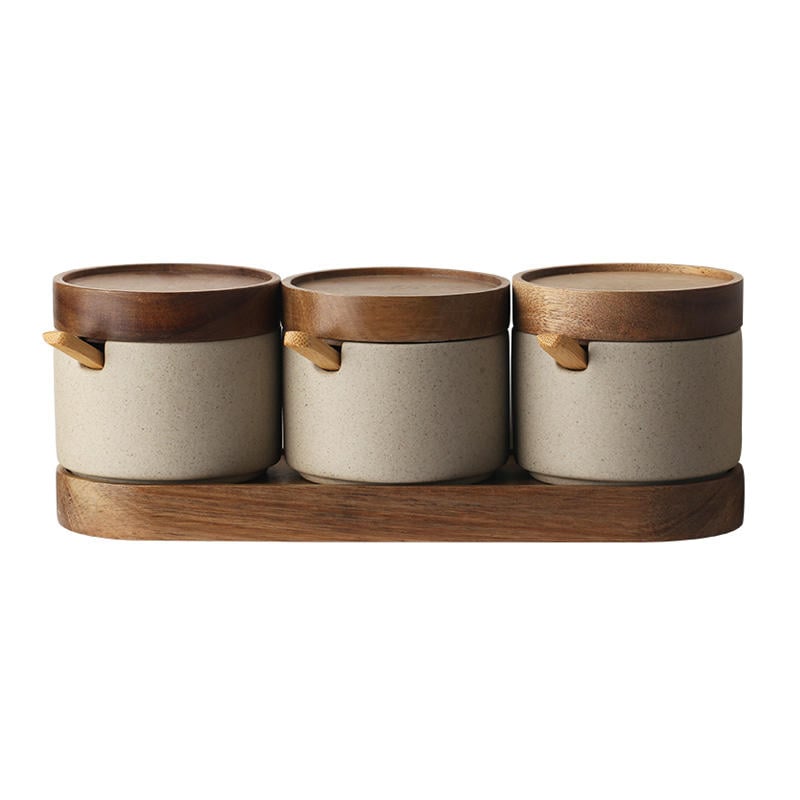 Japanese Style Pottery Kitchen Spice Jars Set Salt Seasoning Bottle Ceramic Pepper Sugar Storage Bowl With Wood Lid and Tray