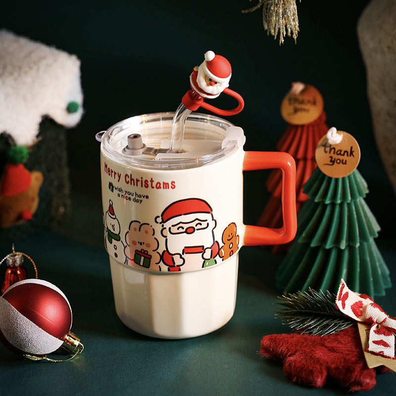Christmas Gift Mug with Lid Straw Ceramic Mug High-value Practical Birthday Gift Christmas Ambience Gift