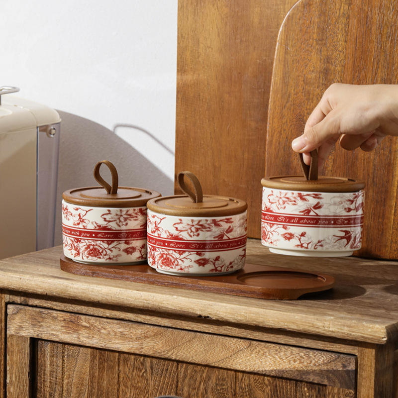 Vintage Design Round Shape Ceramic Tea Coffee Storage Jar With Wooden Bamboo Lid Custom Retro Pattern Kitchen Organizer