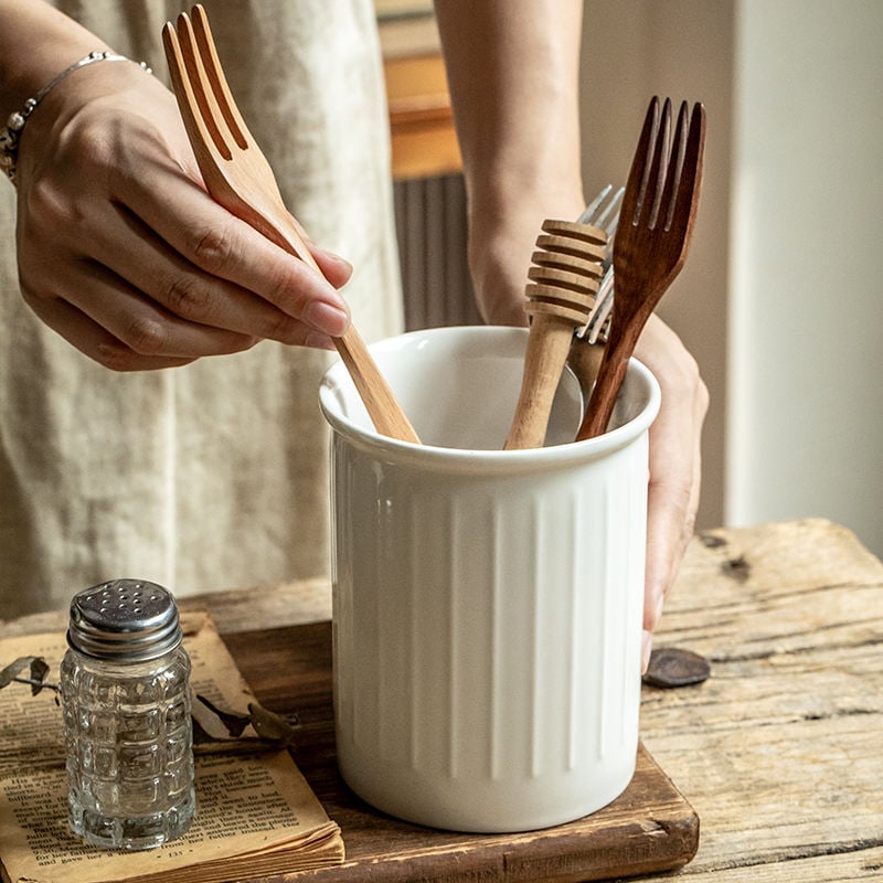 Large&Deep White Ceramic Utensil Holder for Kitchen Counter Minimalist in Aesthetic Kitchen Decor Capacity Storage Canister