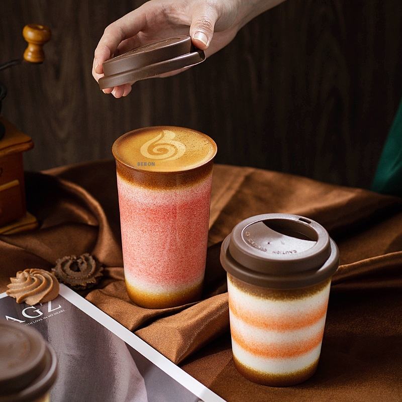 Custom Logo High Color Value Ceramic Travel Mug Take Away Coffee Mugs with Silicone Lid and Sleeve
