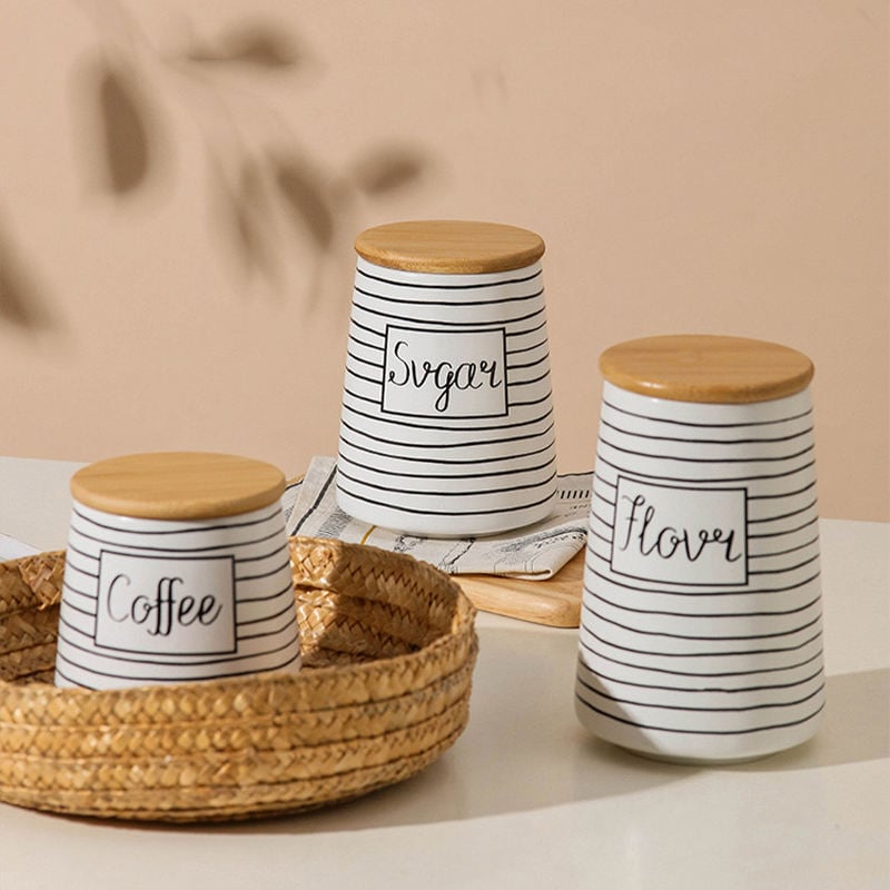 Black White Ceramic Food Storage Jars With Bamboo Lids Canister Jar Ceramic Storage Pots Jars Potting Pots