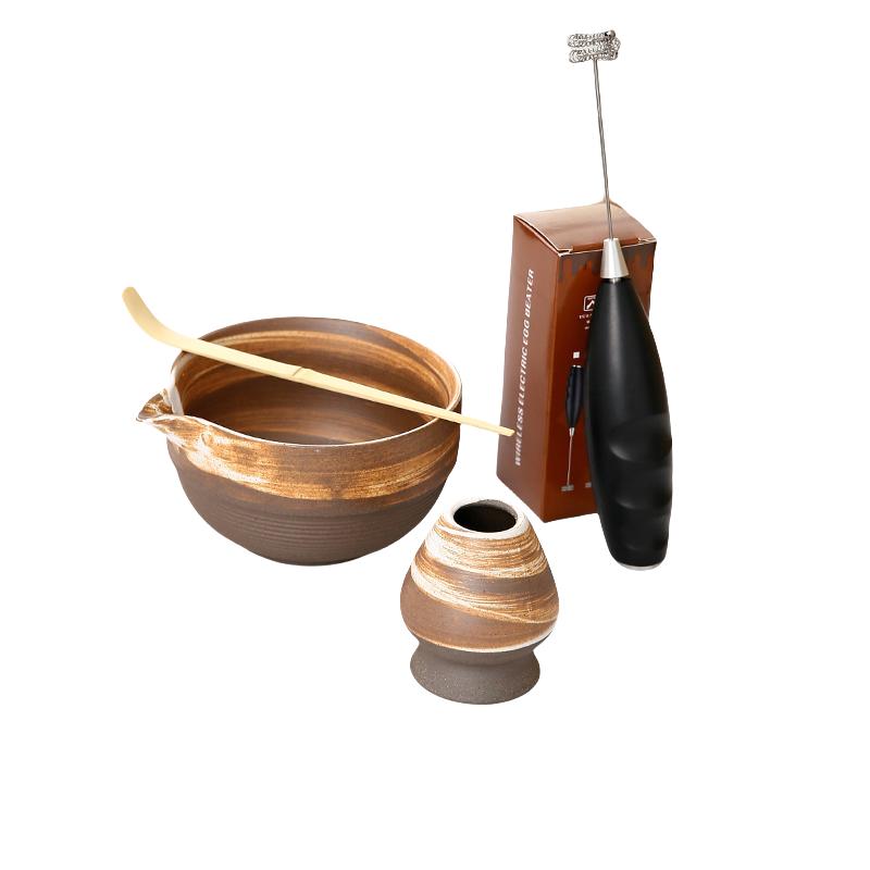 Rough Ceramic Matcha Bowl with Spout Matcha Tool Brush Dot Tea Bowl Matcha Cup Stirrer Tea Brush Utensils Set