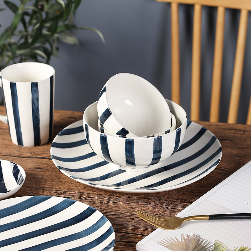 Nordic Black White Stripe Color Glazed Porcelain Round Bowls Soup Noodles Ceramic Bowl for Ramen