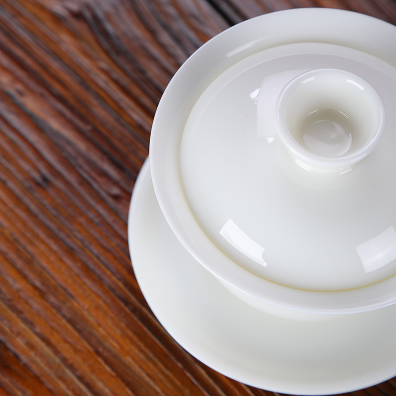 Dehua White Porcelain Sancai Covered Bowl Tea Cup Large Kung Fu Tea Set White Ceramic Tea Set High Grade