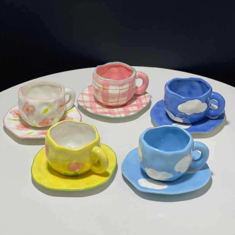New Design Blue Sky and White Clouds Hand-painted Ceramic Cup and Plate Set Suitable for Home Office Daily