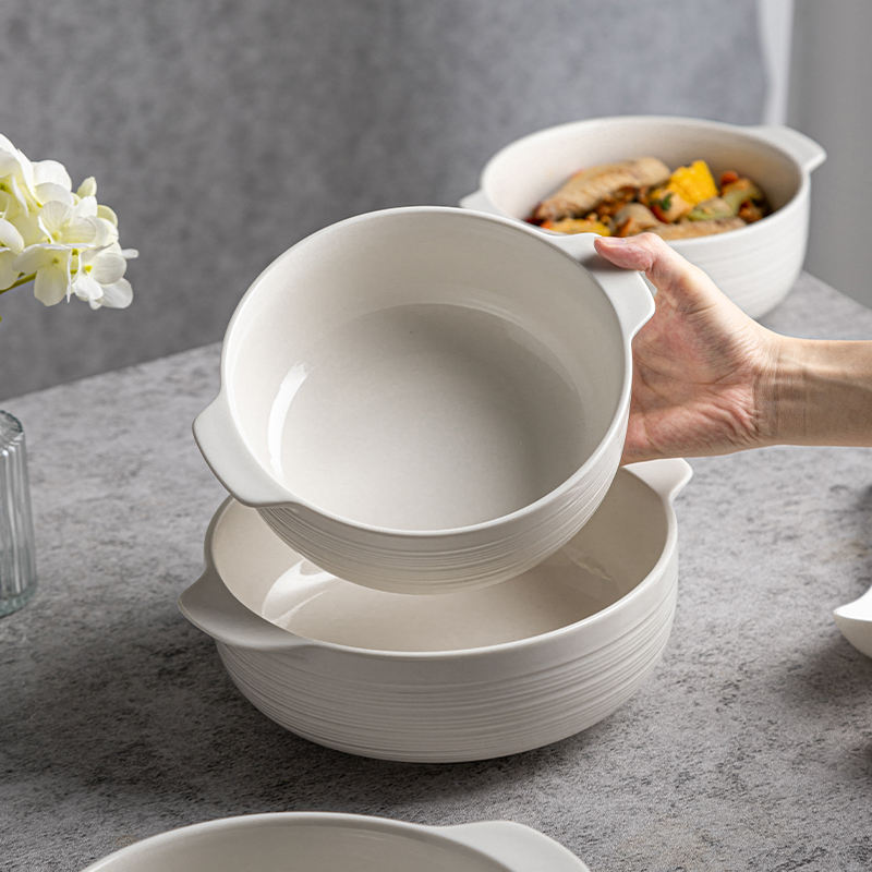 Simple Stripe Embossed Design Matte Glazed Baking Serving Bowls Ceramic Bowl with Handles