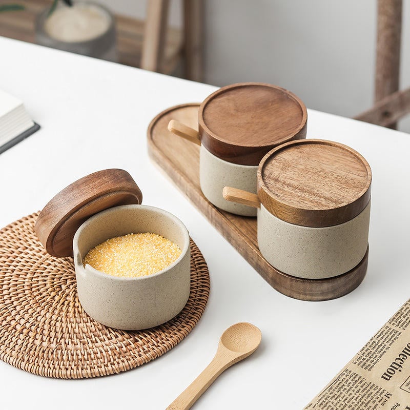 Japanese Style Pottery Kitchen Spice Jars Set Salt Seasoning Bottle Ceramic Pepper Sugar Storage Bowl With Wood Lid and Tray