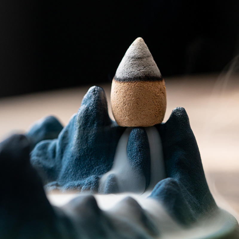 Porte-Bâtonnets d'Encens en Céramique brute de Taille et Design sur Mesure, Bleu Marine, Brûleur d'Encens à Cascade en Cône