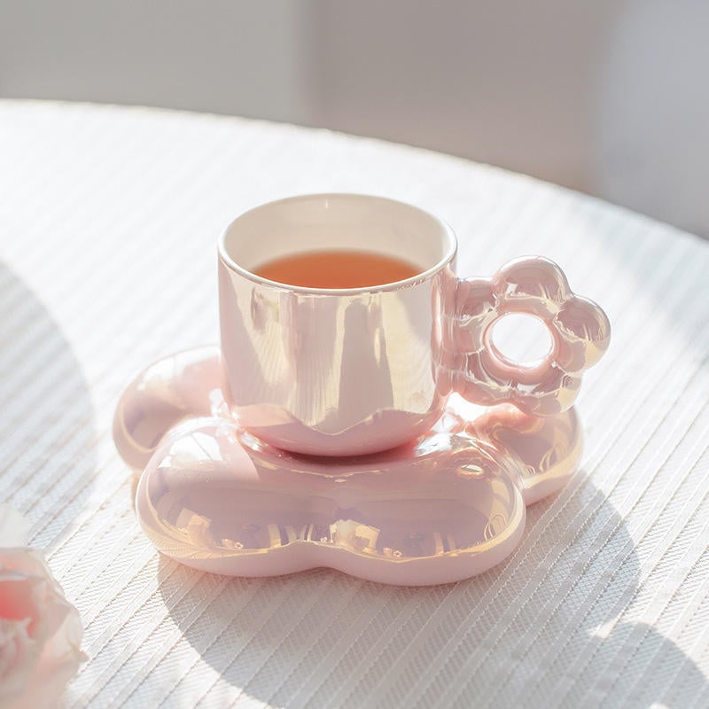 Rainbow Color Pearlescent Mug Gift Cloud Ceramic Tea Cup Flowers Coffee Cups and Saucer Set