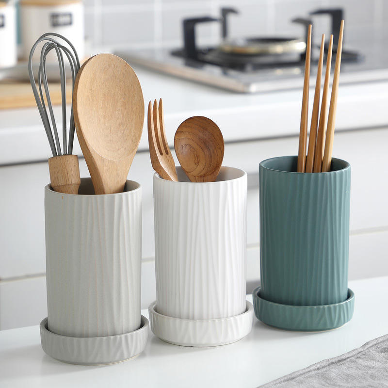 Kitchen Utensil Holder Matte White Chopsticks Cutlery Holder Ceramic Utensil Holder With Tray