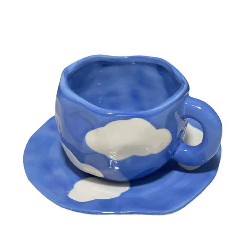New Design Blue Sky and White Clouds Hand-painted Ceramic Cup and Plate Set Suitable for Home Office Daily