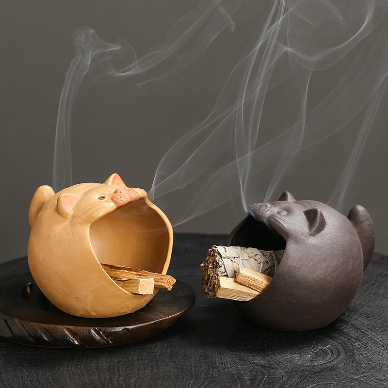 Cute Cat Mouth Design Custom Ceramic Censer Holy Wood Sage Incense Holder for Home and Office