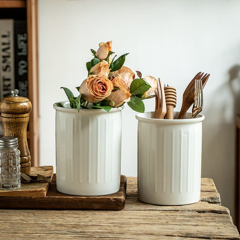 Large&Deep White Ceramic Utensil Holder for Kitchen Counter Minimalist in Aesthetic Kitchen Decor Capacity Storage Canister