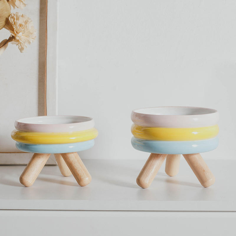  Ceramic Dog Cat Bowl Food Water Raised Bowl Elevated Wood Bamboo Ceramic Cat Bowl With Wooden Stand