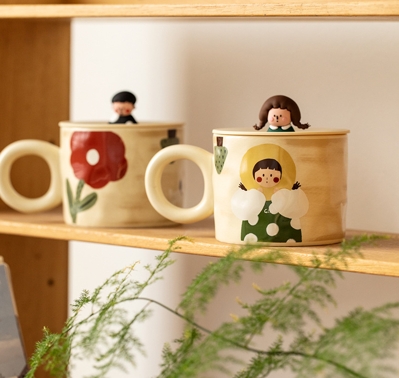 Cute Ceramic Mug with Lid Creative Couple Water Cup Home Breakfast Cup Coffee Cup