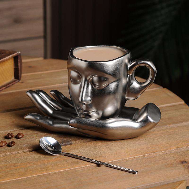 Gift Strange Mug Silver Nordic Style Ceramic Human Hand Face Design Coffee Cups Saucer