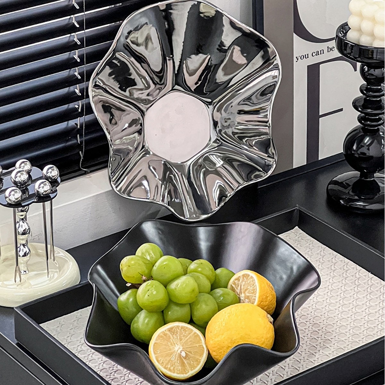 Custom Wave Edge Design Silver Matte Black Glazed Porcelain Big Salad Fruit Bowls Serving Mixing Ceramic Bowl