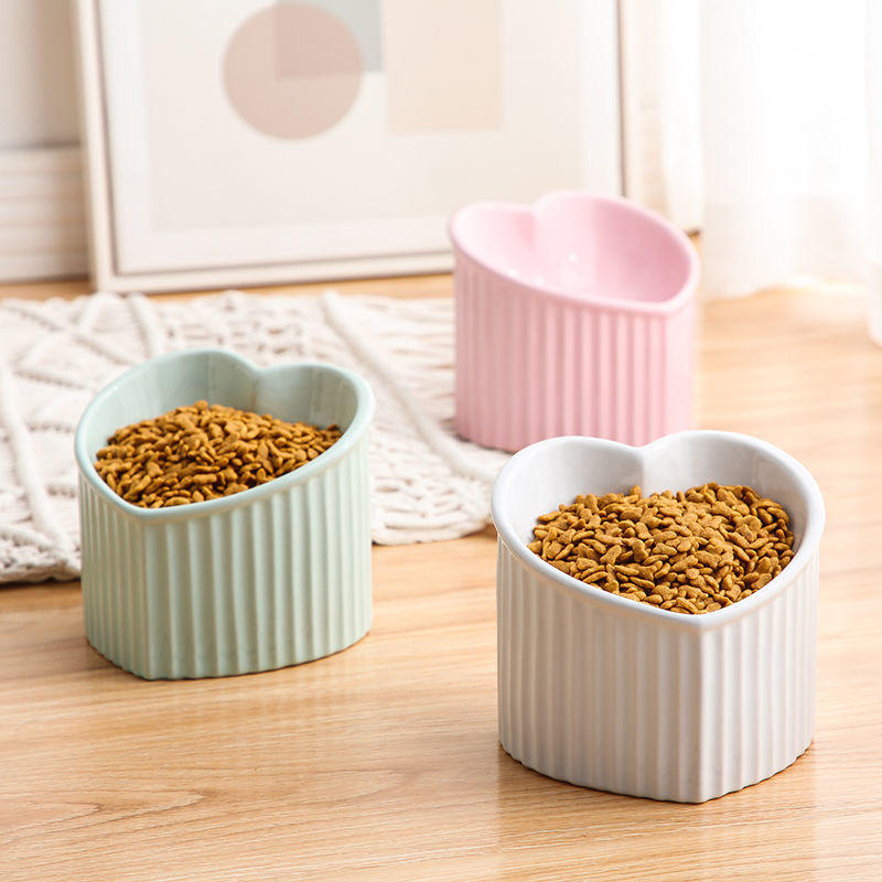 Ceramic Cat love Shape Bowl Oblique Mouth High Foot Neck Guard Food Anti-knocking Cat Accessories