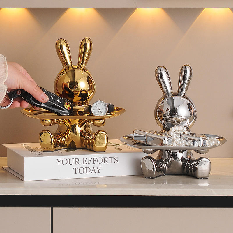 Home Decor Ceramic Crafts Nordic INS Style Electroplated Rabbit Storage Tray Office Home Decoration Accessories Gift Set