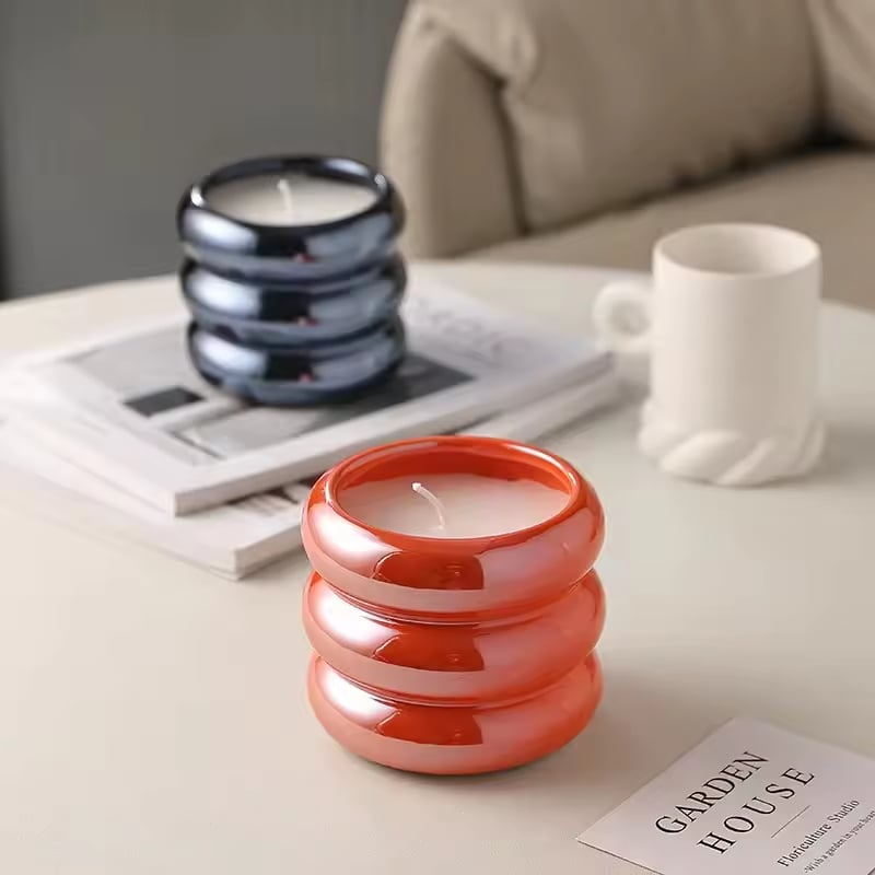 Barattoli per Candele di Lusso Ceramici Cilindrici Iridescenti a Forma di Ciambella Porta Candele Ceramici Lanterne Barattoli per Candele